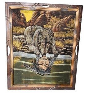 Vintage 70's ORIGINAL ACRYLIC VELVET SANCHEZ COYOTE GIRL WESTERN PAINTING Wolf